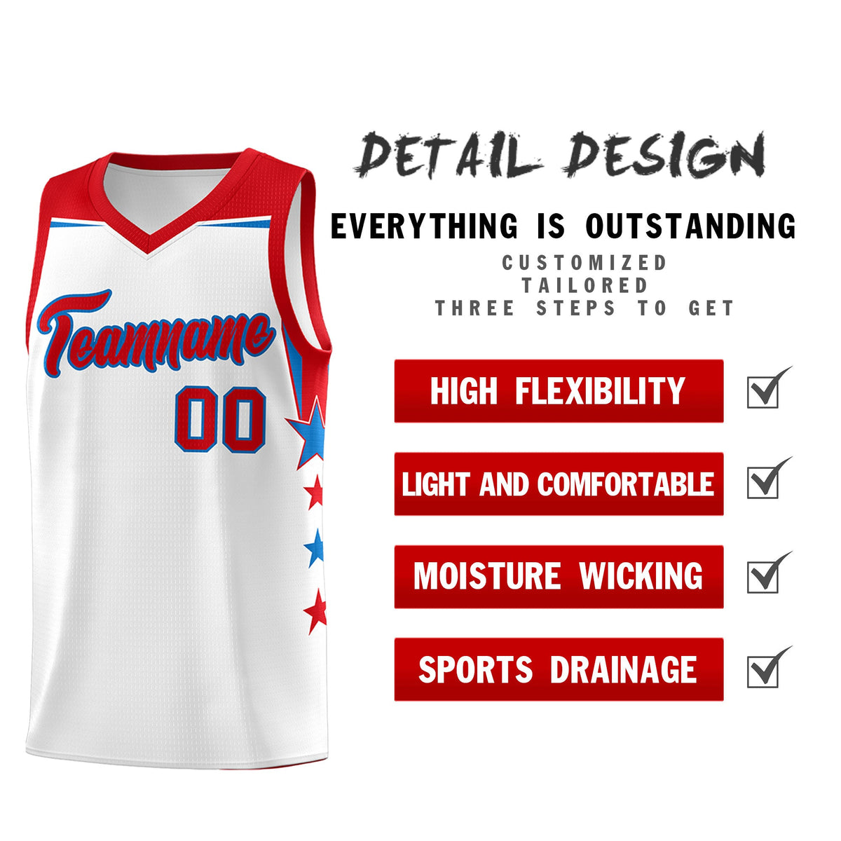 Custom Youth Basketball Uniform White Red Two Tone Side Star Add Name Number & Logo