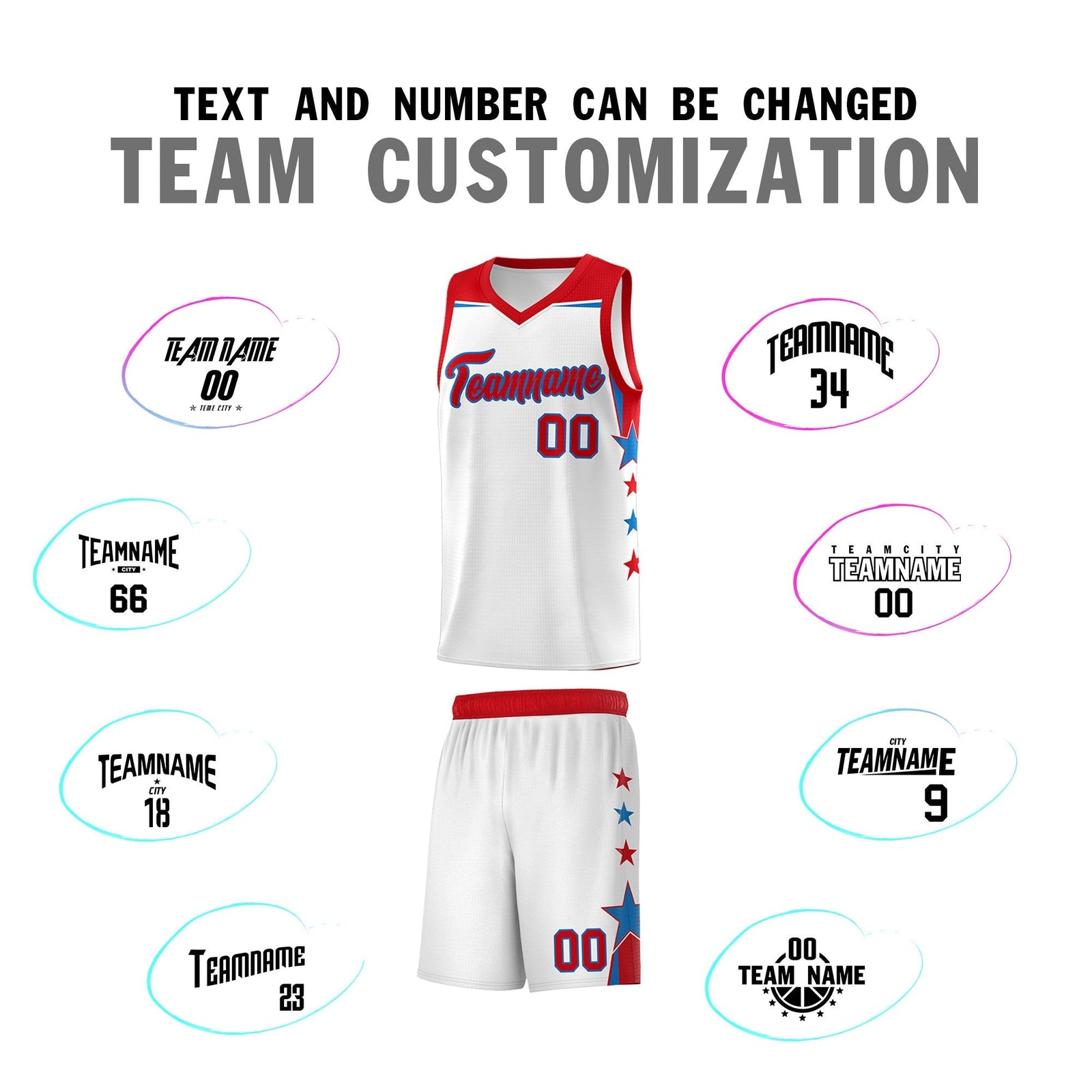Custom Youth Basketball Uniform White Red Two Tone Side Star Add Name Number & Logo