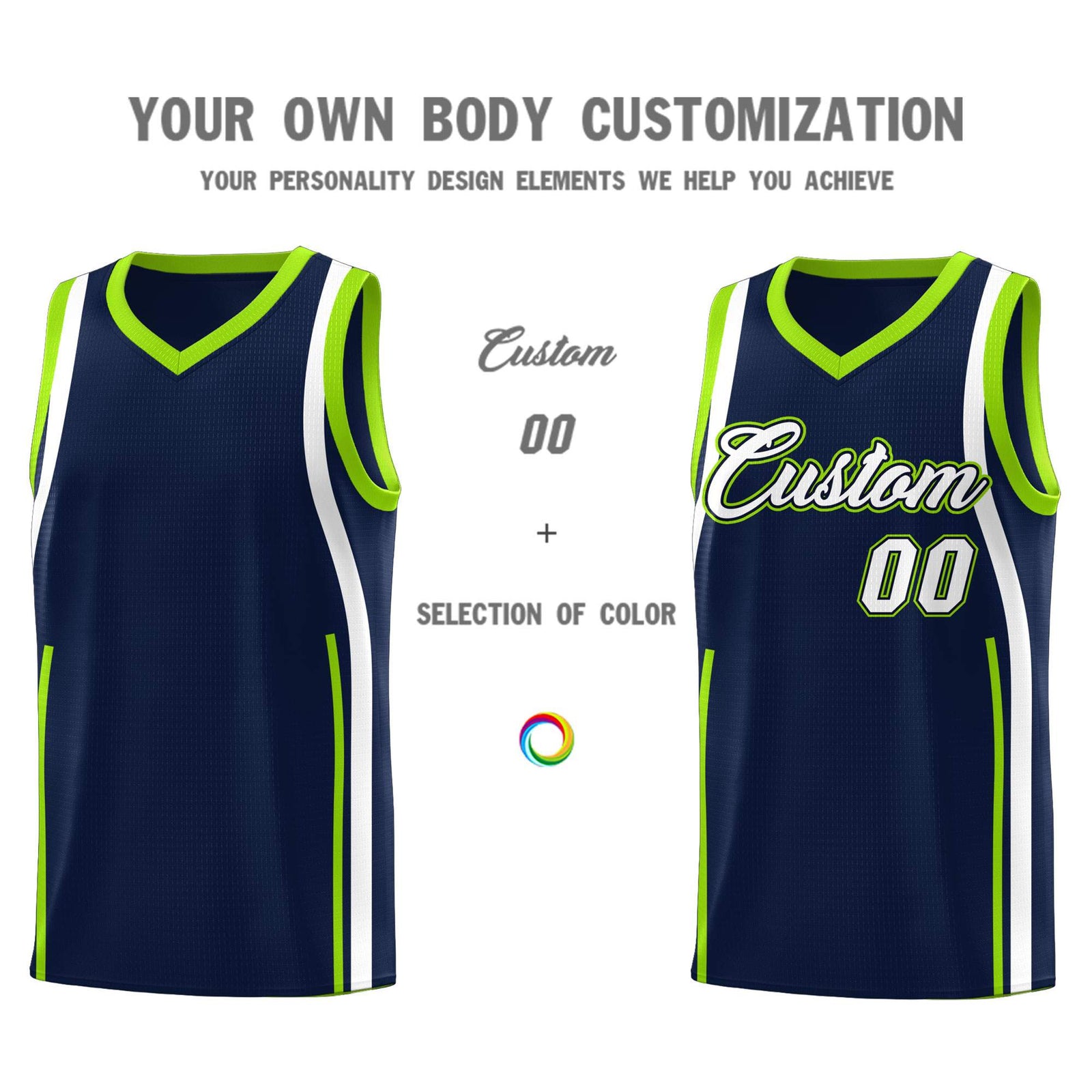 Custom Navy White-Fluorescent Green Ribbon Pattern Basketball Kits