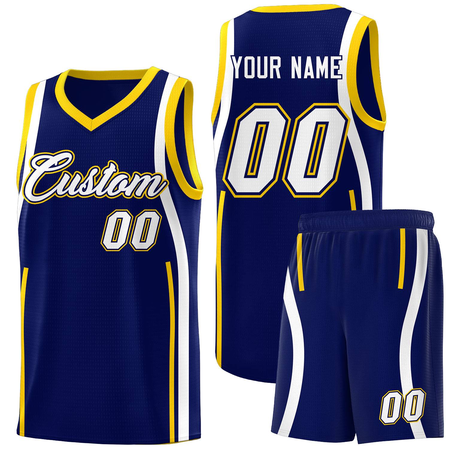 Custom Navy Gold-White Ribbon Pattern Basketball Kits