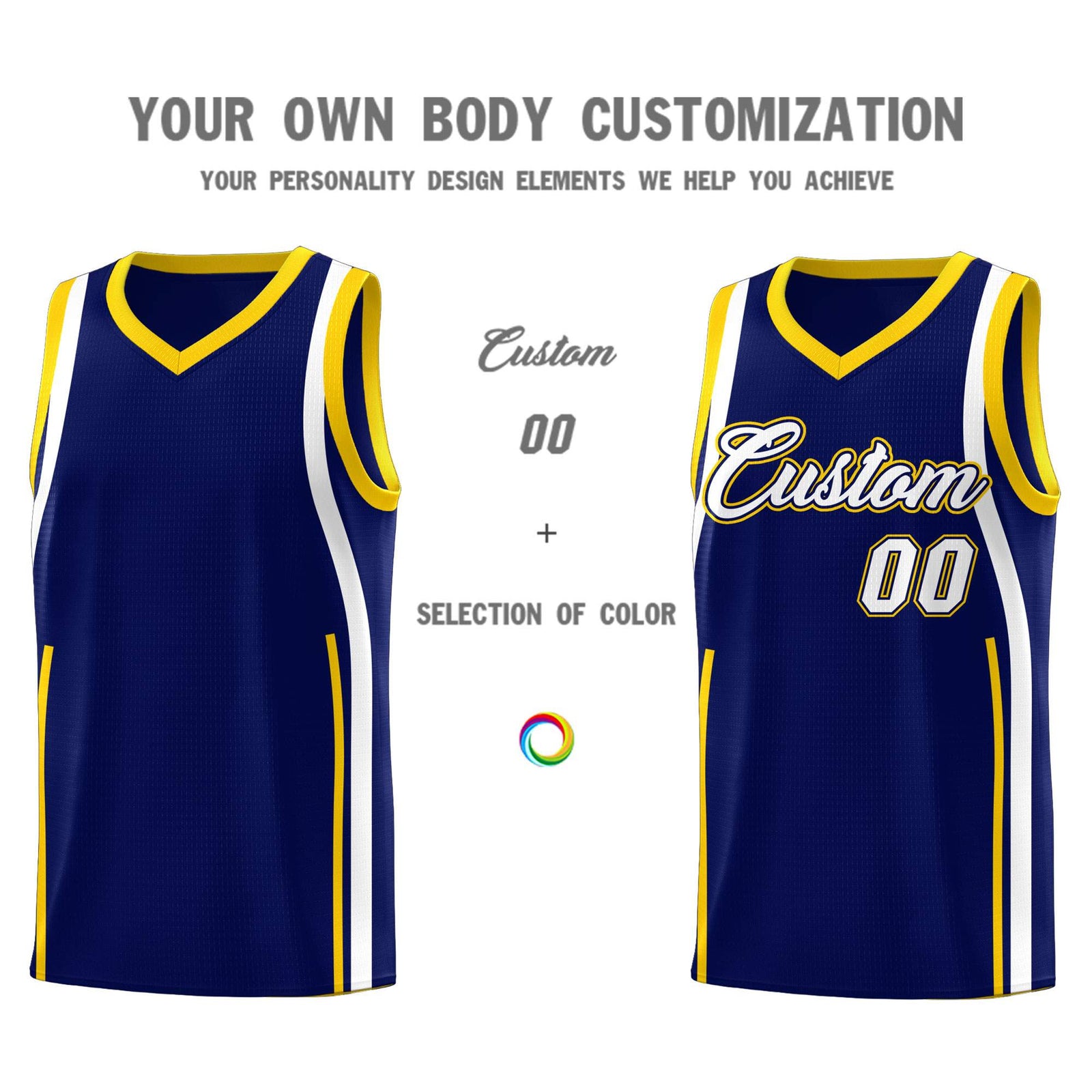 Custom Navy Gold-White Ribbon Pattern Basketball Kits