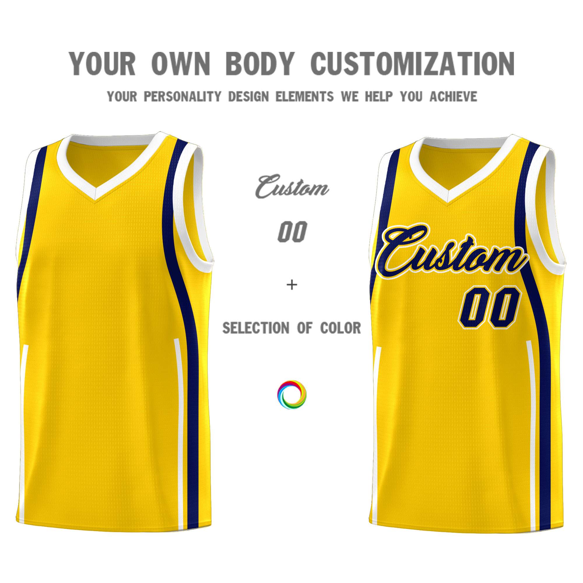 Custom Gold Navy-White Ribbon Pattern Basketball Kits