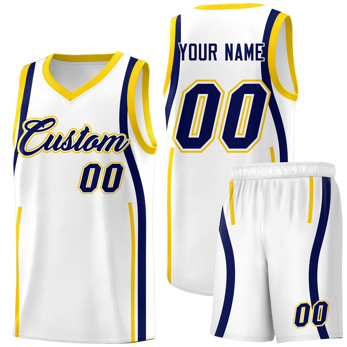 Custom White Navy-Gold Ribbon Pattern Basketball Kits