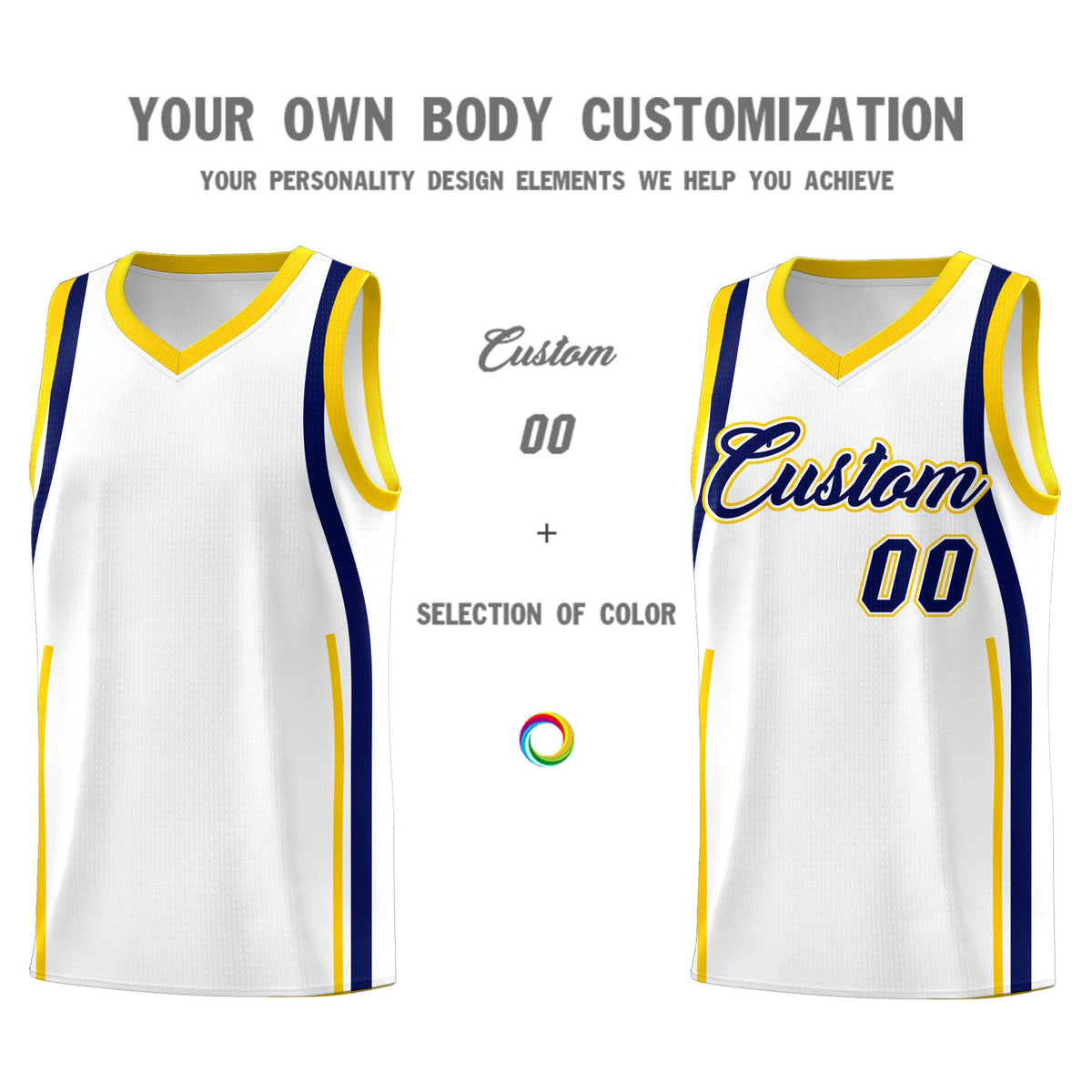 Custom White Navy-Gold Ribbon Pattern Basketball Kits