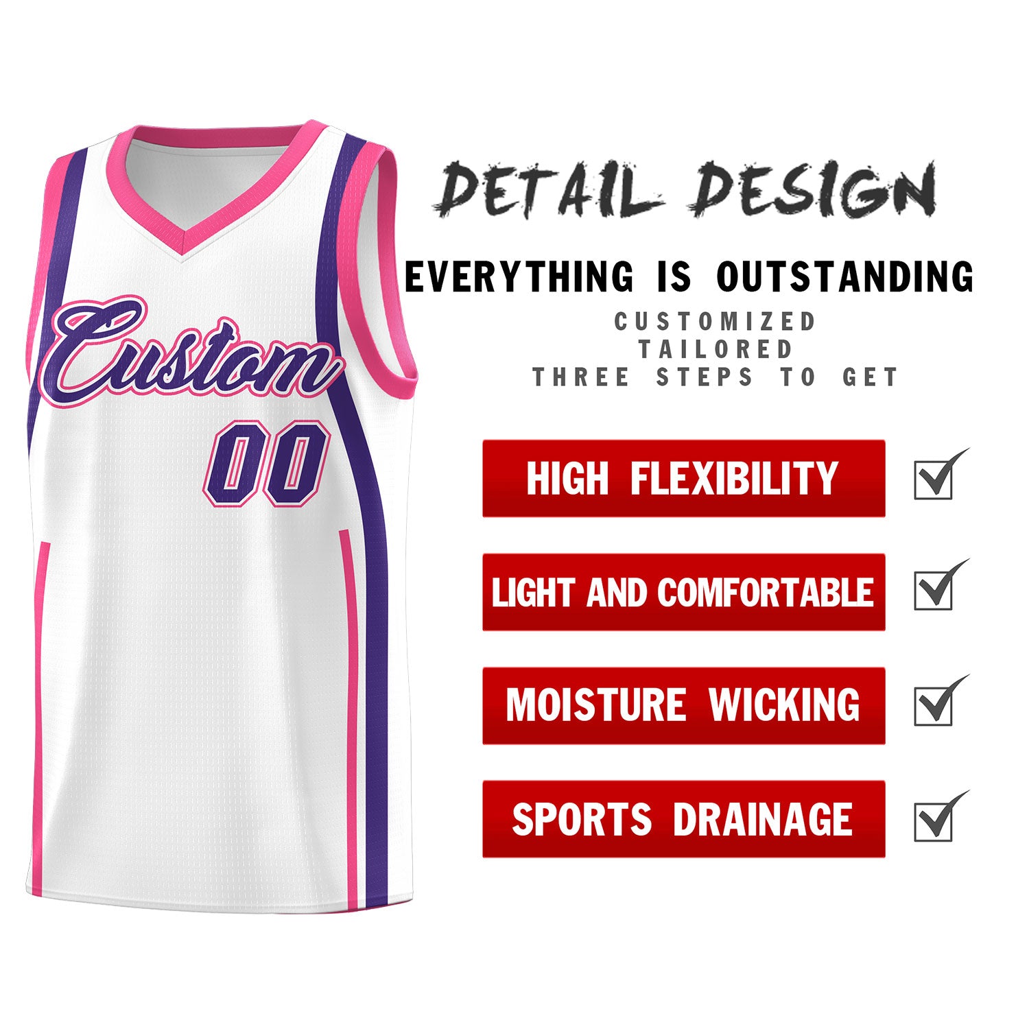 Custom White Pink-Purple Ribbon Pattern Basketball Kits