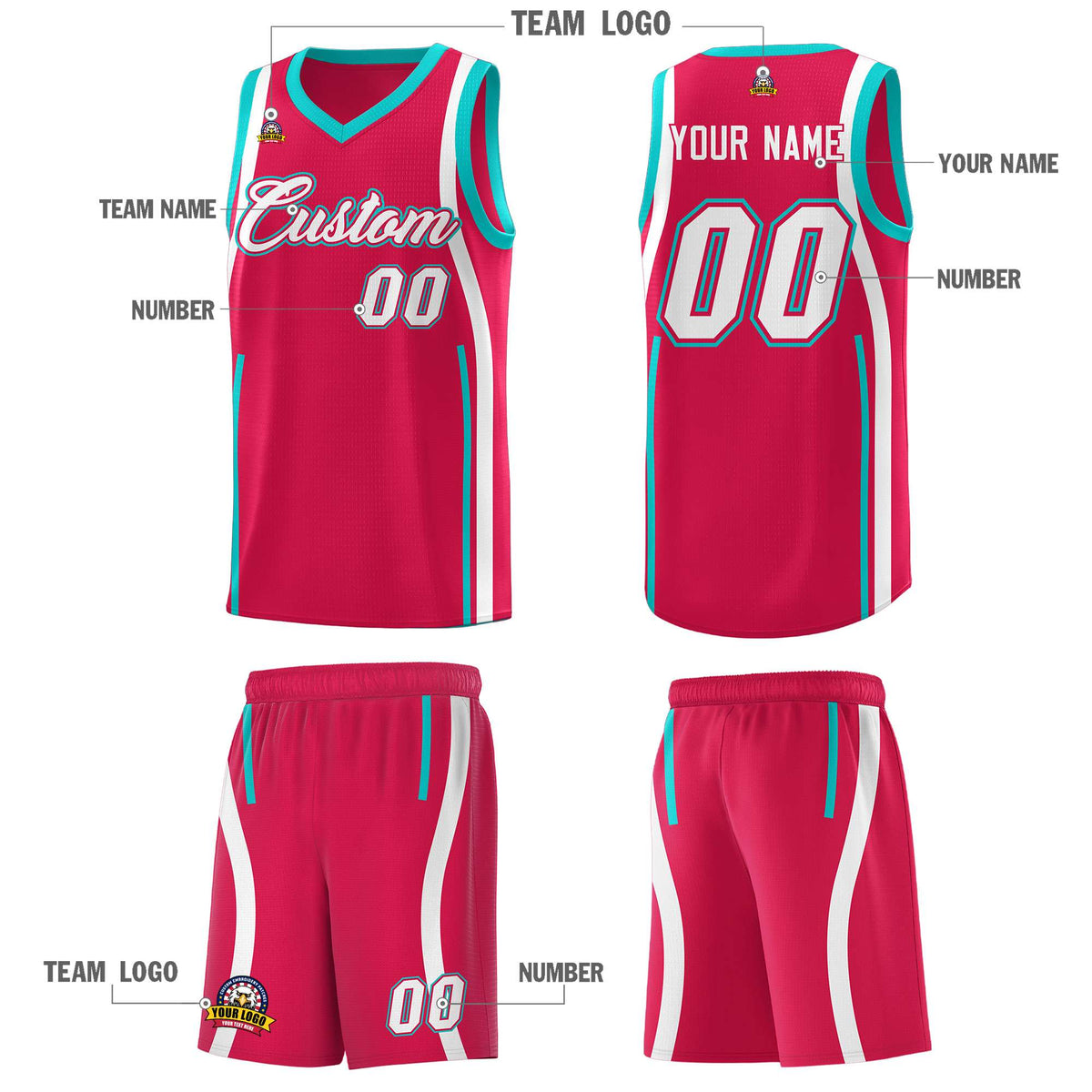 Custom Red Aqua-White Ribbon Pattern Basketball Kits