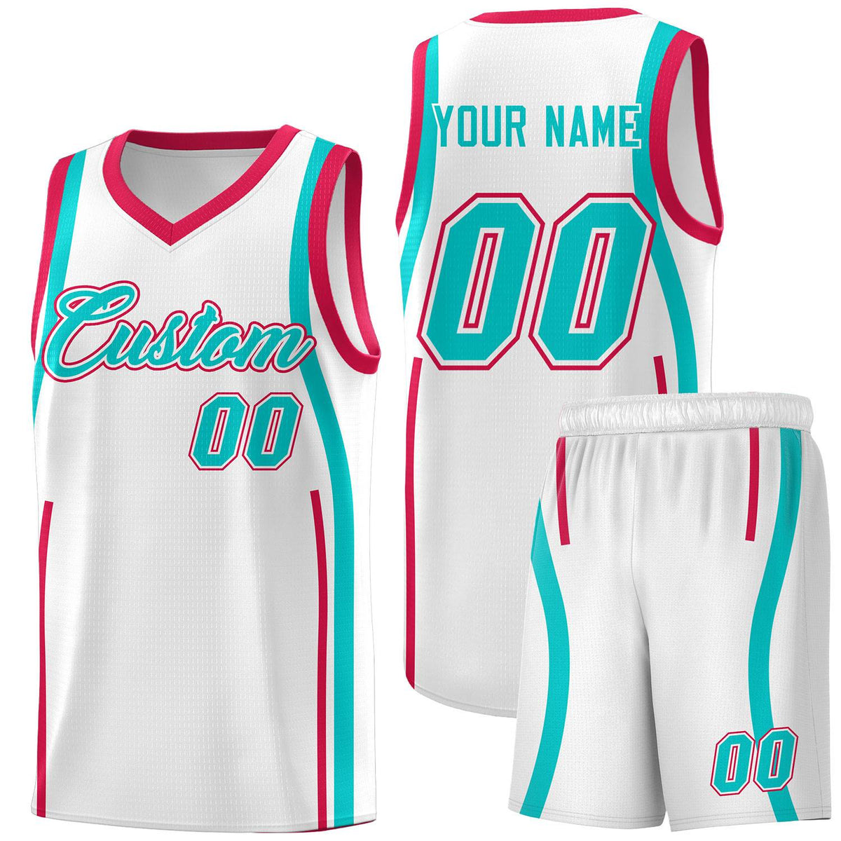 Custom White Aqua-Red Ribbon Pattern Basketball Kits