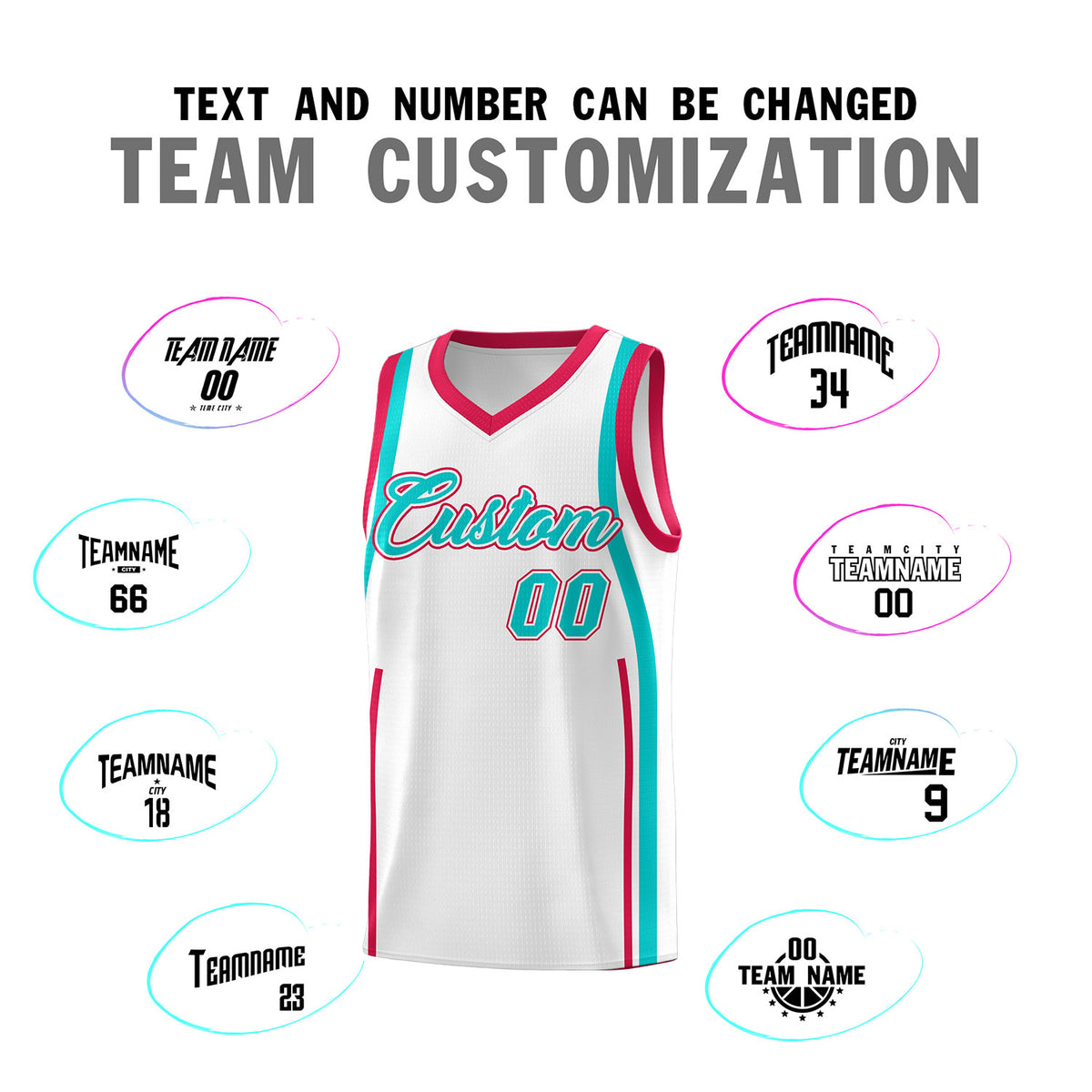 Custom White Aqua-Red Ribbon Pattern Basketball Kits