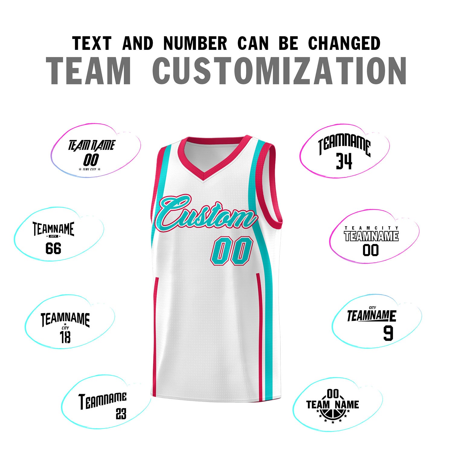 Custom White Aqua-Red Ribbon Pattern Basketball Kits