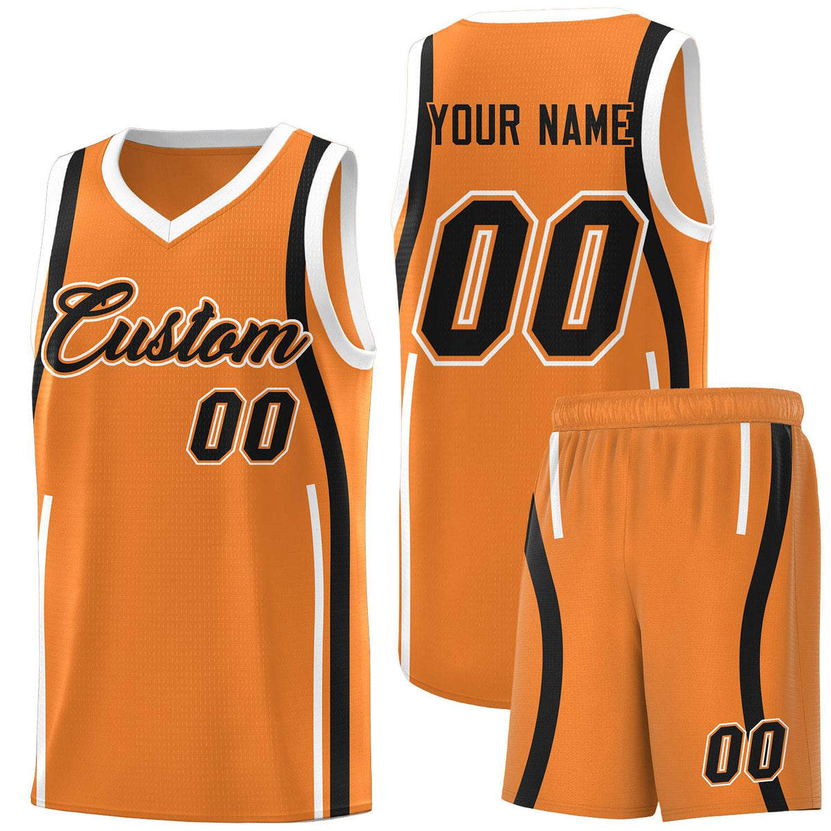 Custom Gold Orange Black-White Ribbon Pattern Basketball Kits