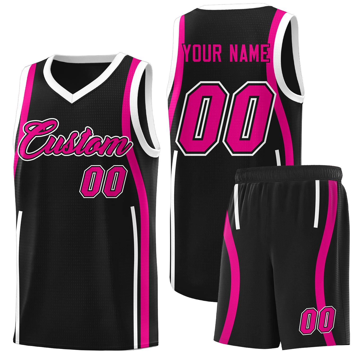 Custom Black Pink-White Ribbon Pattern Basketball Kits