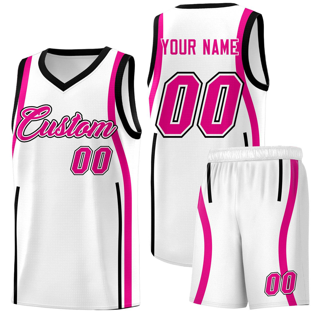 Custom White Pink-Black Ribbon Pattern Basketball Kits