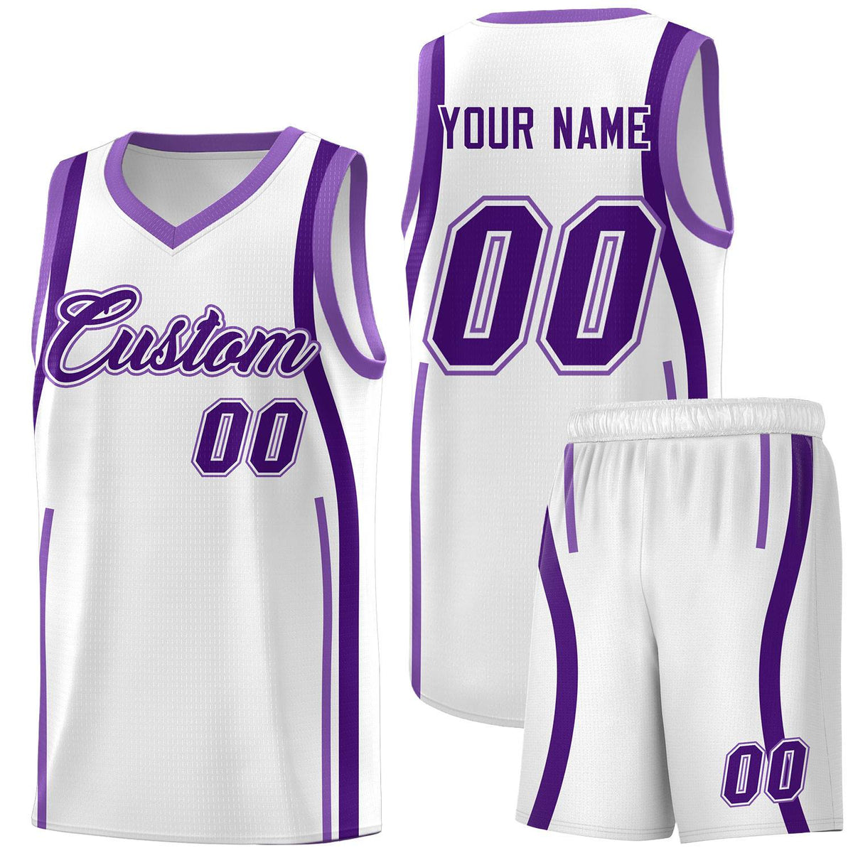 Custom White Purple-Light Purple Ribbon Pattern Basketball Kits