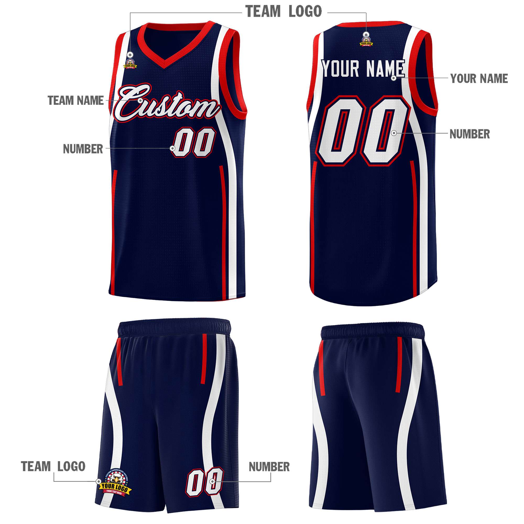 Custom Navy Red-White Ribbon Pattern Basketball Kits