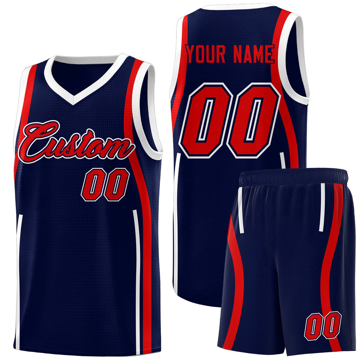 Custom Navy Red-White Ribbon Pattern Basketball Kits