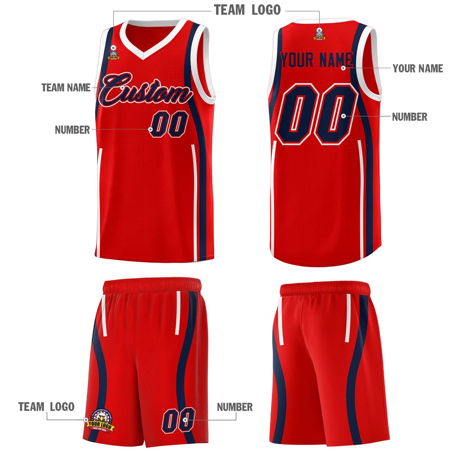 Custom Red Navy-White Ribbon Pattern Basketball Kits