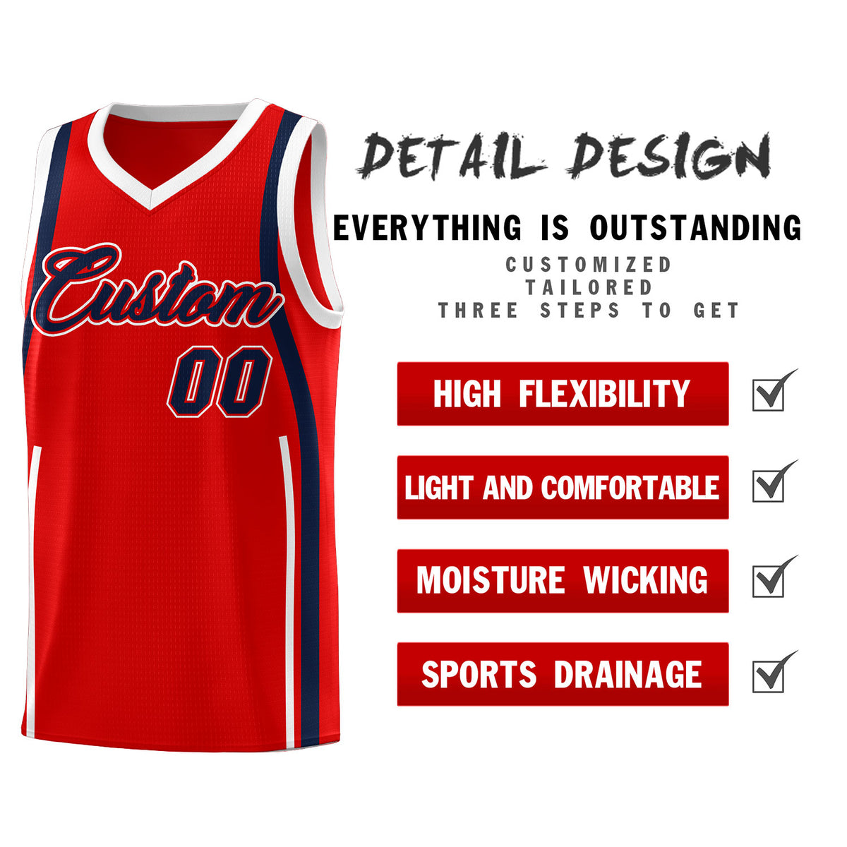 Custom Red Navy-White Ribbon Pattern Basketball Kits
