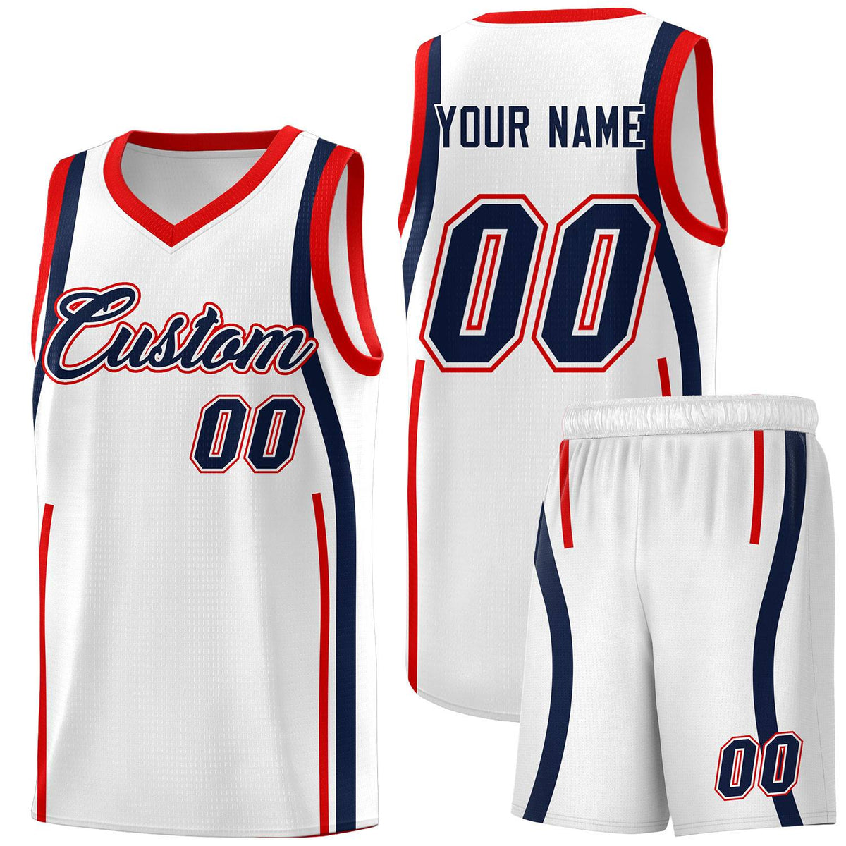 Custom White Navy-Red Ribbon Pattern Basketball Kits