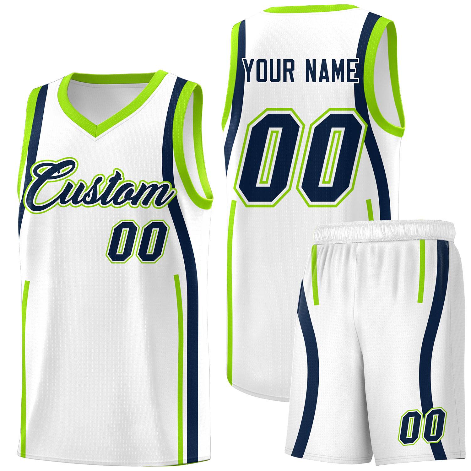 Custom White Fluorescent Green-Navy Ribbon Pattern Basketball Kits