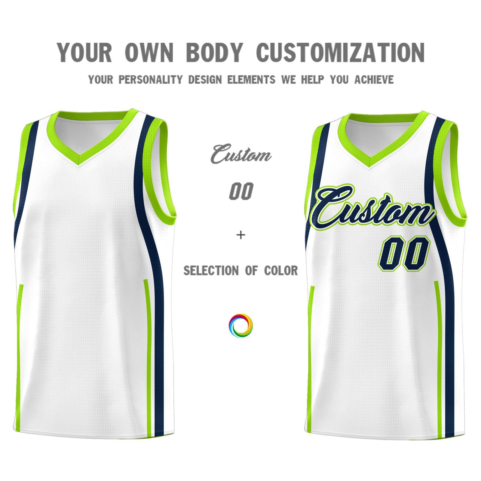 Custom White Fluorescent Green-Navy Ribbon Pattern Basketball Kits