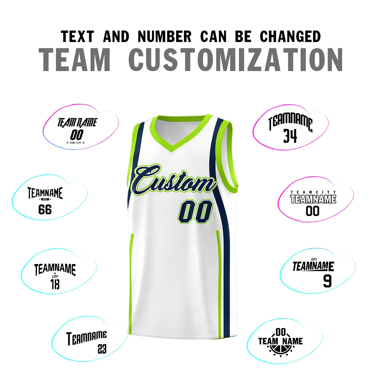 Custom White Fluorescent Green-Navy Ribbon Pattern Basketball Kits