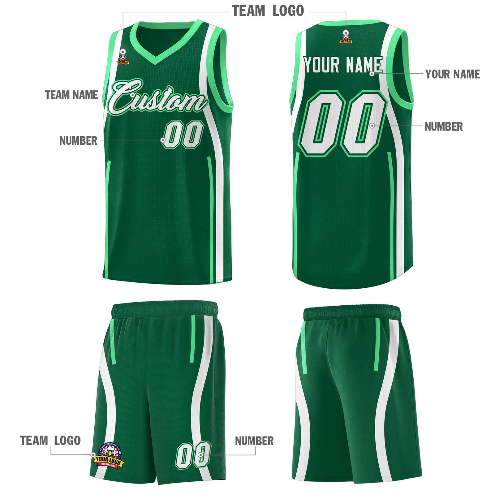 Custom Kelly Green Green-White Ribbon Pattern Basketball Kits