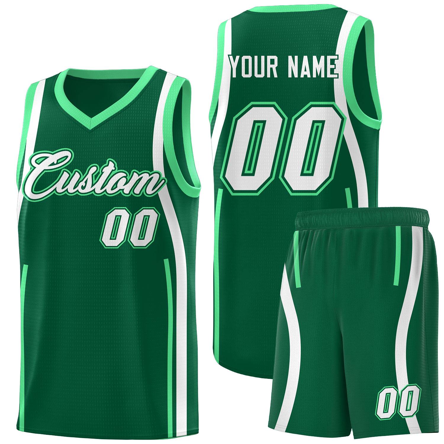 Custom Kelly Green Green-White Ribbon Pattern Basketball Kits
