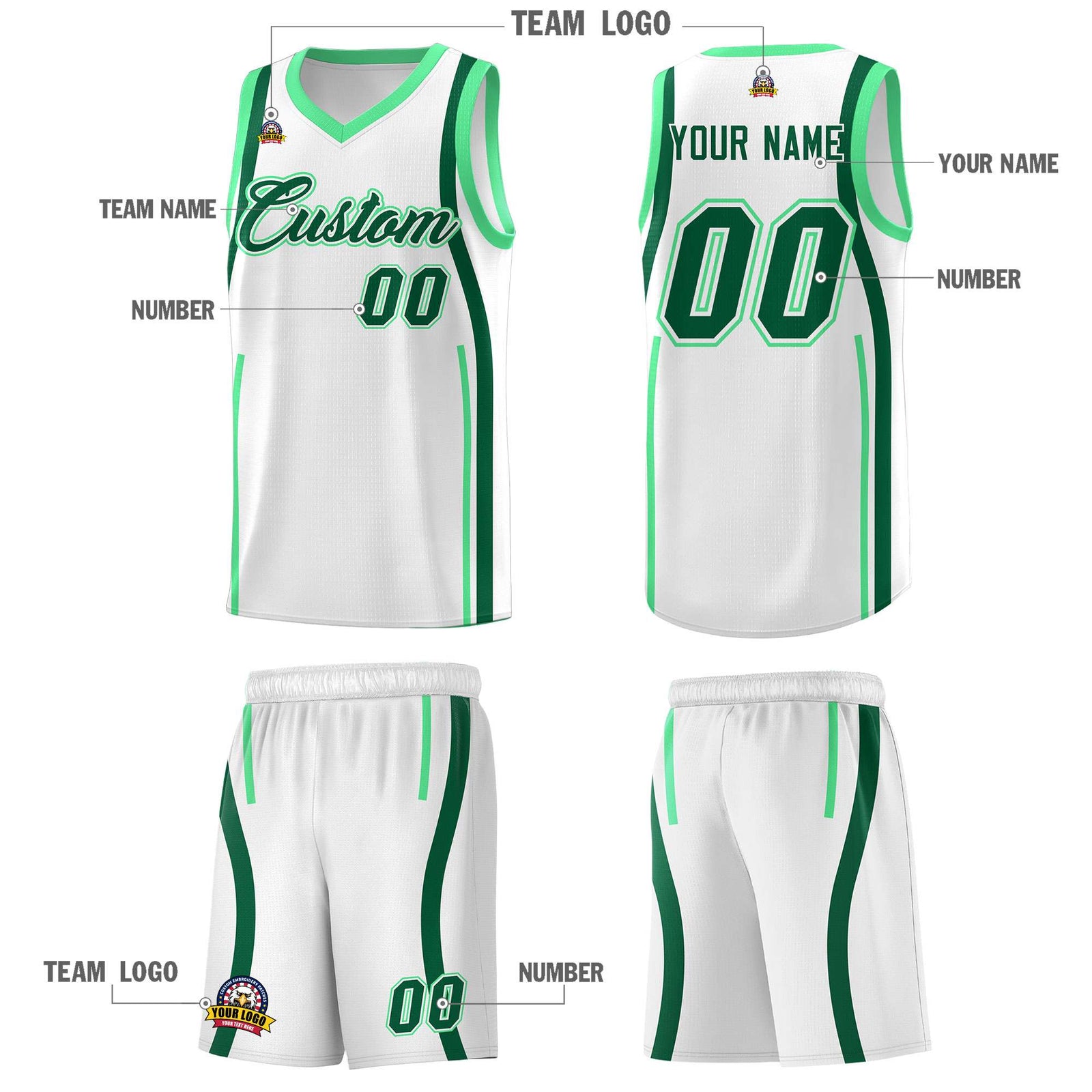 Custom White Kelly Green-Green Ribbon Pattern Basketball Kits