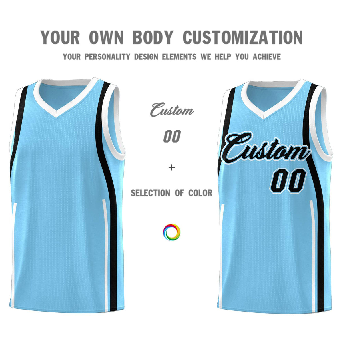 Custom Light Blue Black-White Ribbon Pattern Basketball Kits