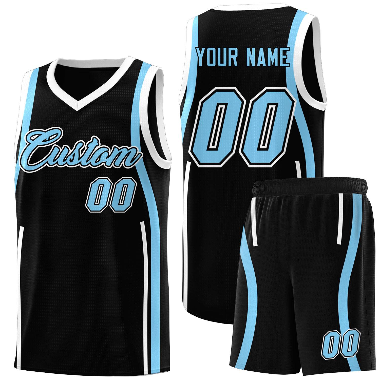 Custom Black Light Blue-White Ribbon Pattern Basketball Kits
