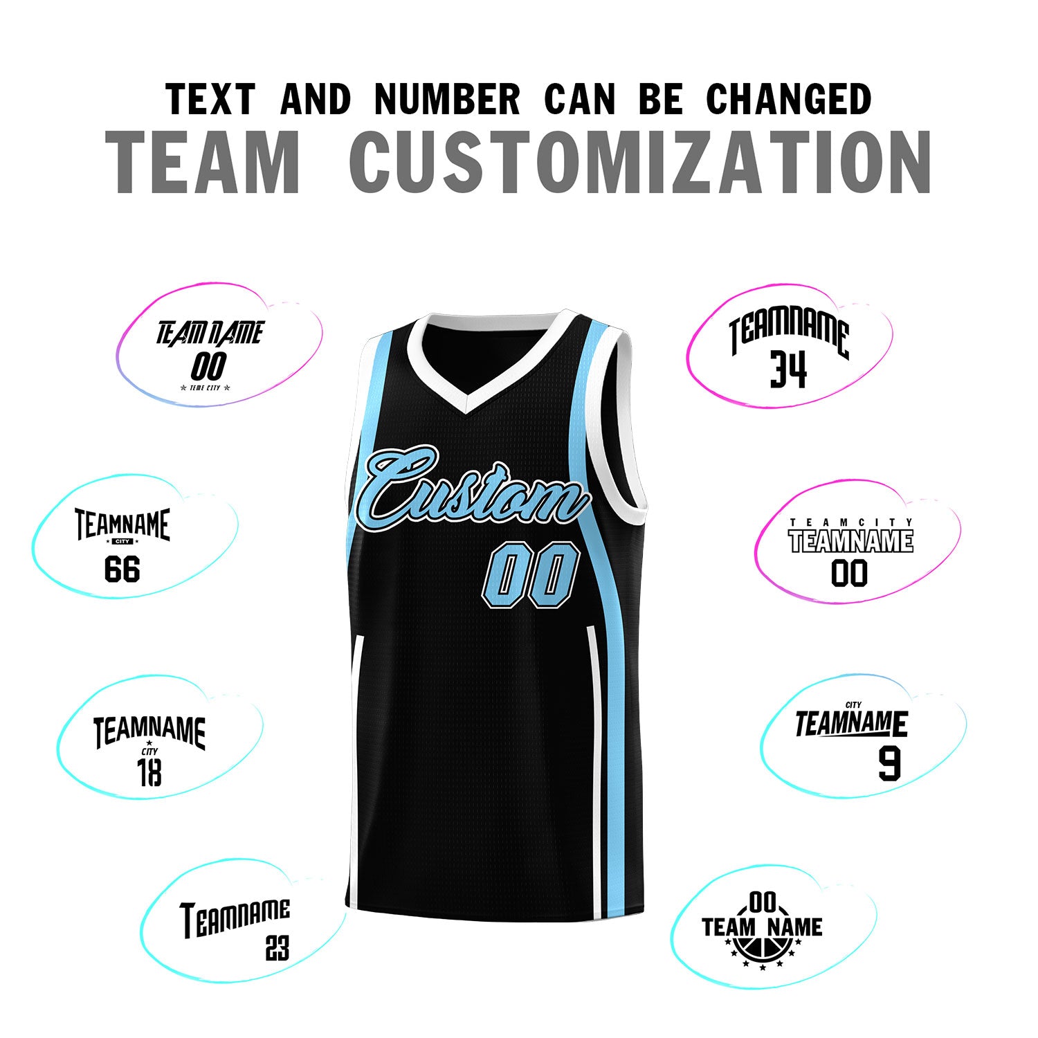 Custom Black Light Blue-White Ribbon Pattern Basketball Kits