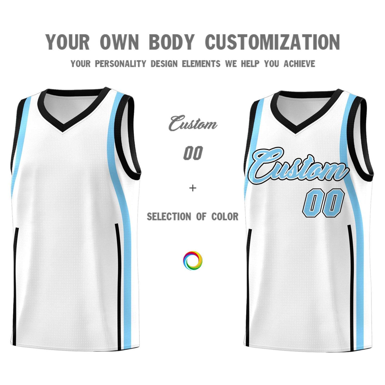 Custom White Light Blue-Black Ribbon Pattern Basketball Kits