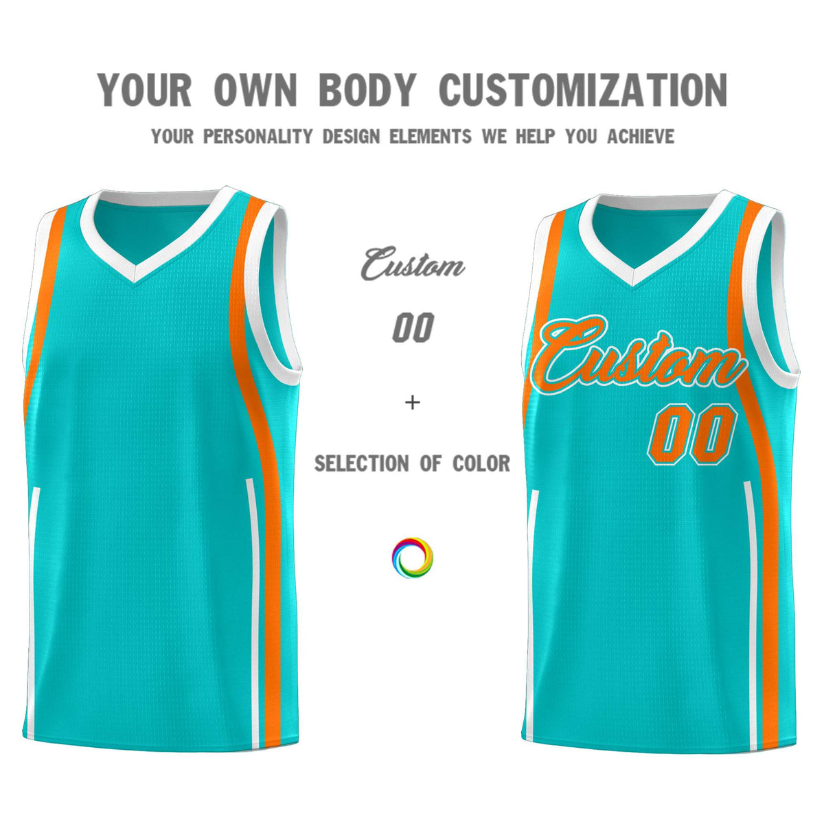 Custom Aqua Orange-White Ribbon Pattern Basketball Kits