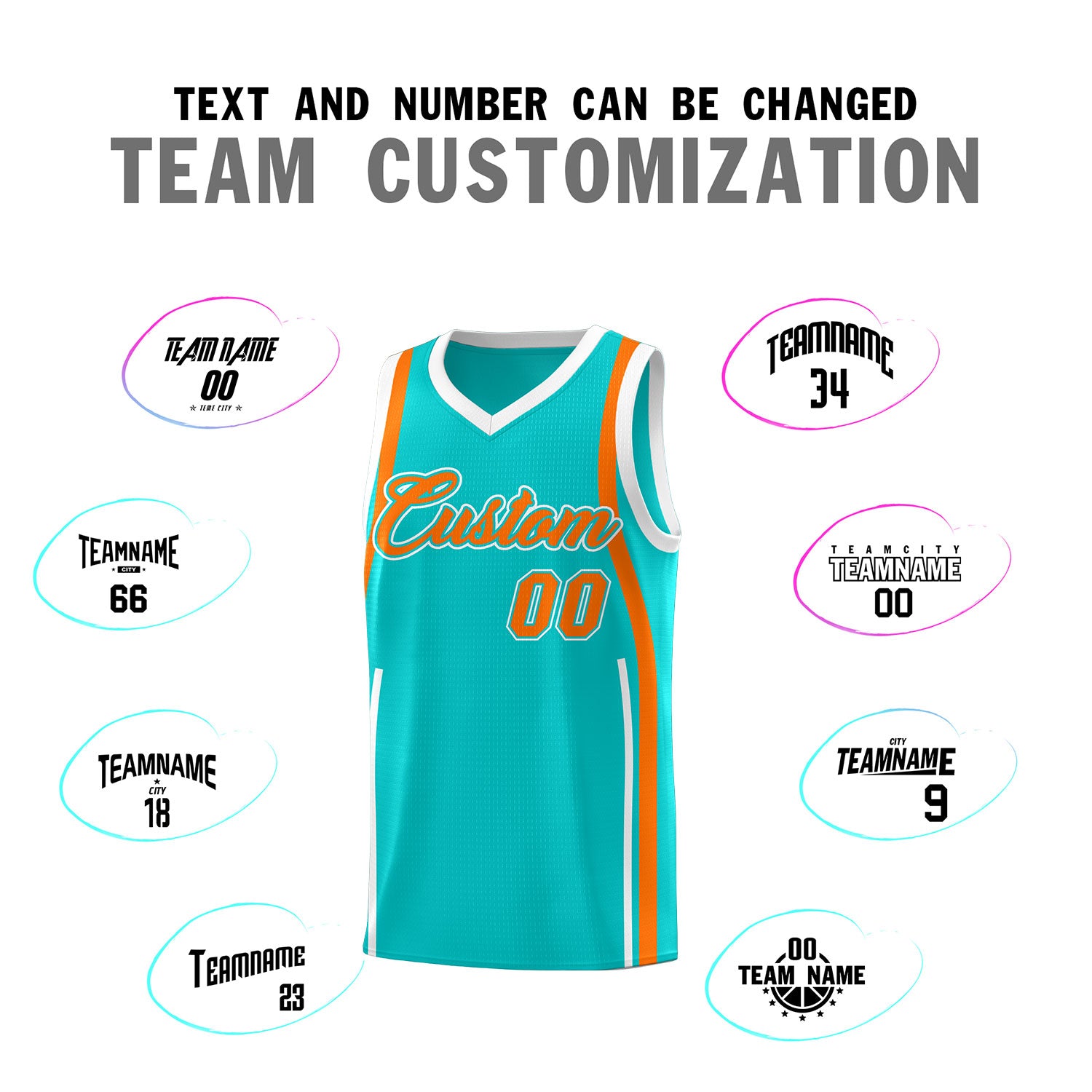 Custom Aqua Orange-White Ribbon Pattern Basketball Kits