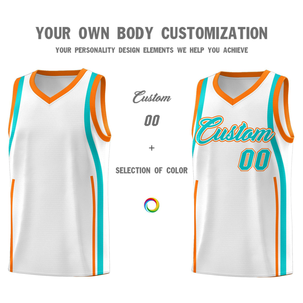 Custom White Aqua-Orange Ribbon Pattern Basketball Kits