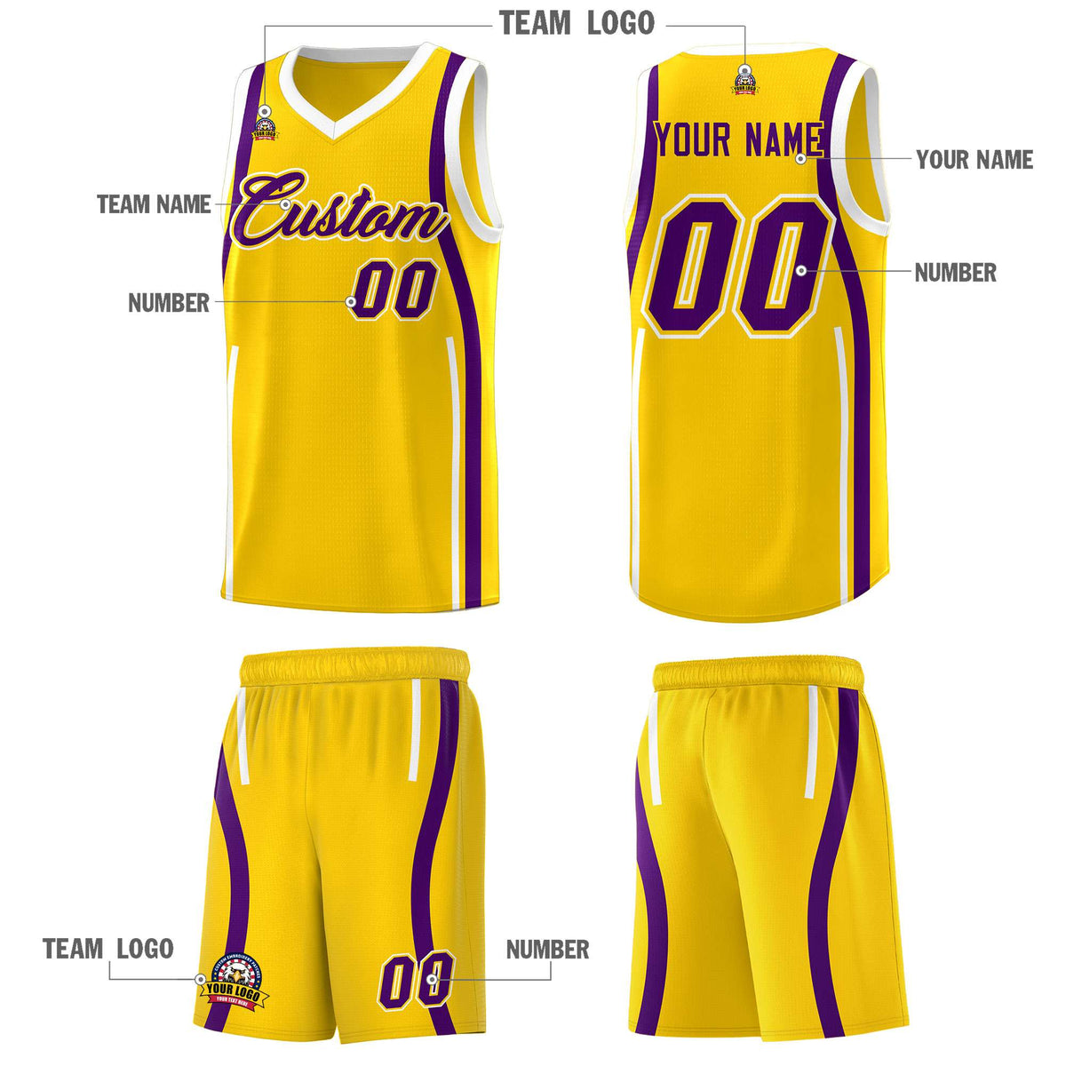 Custom Gold Purple-White Ribbon Pattern Basketball Kits