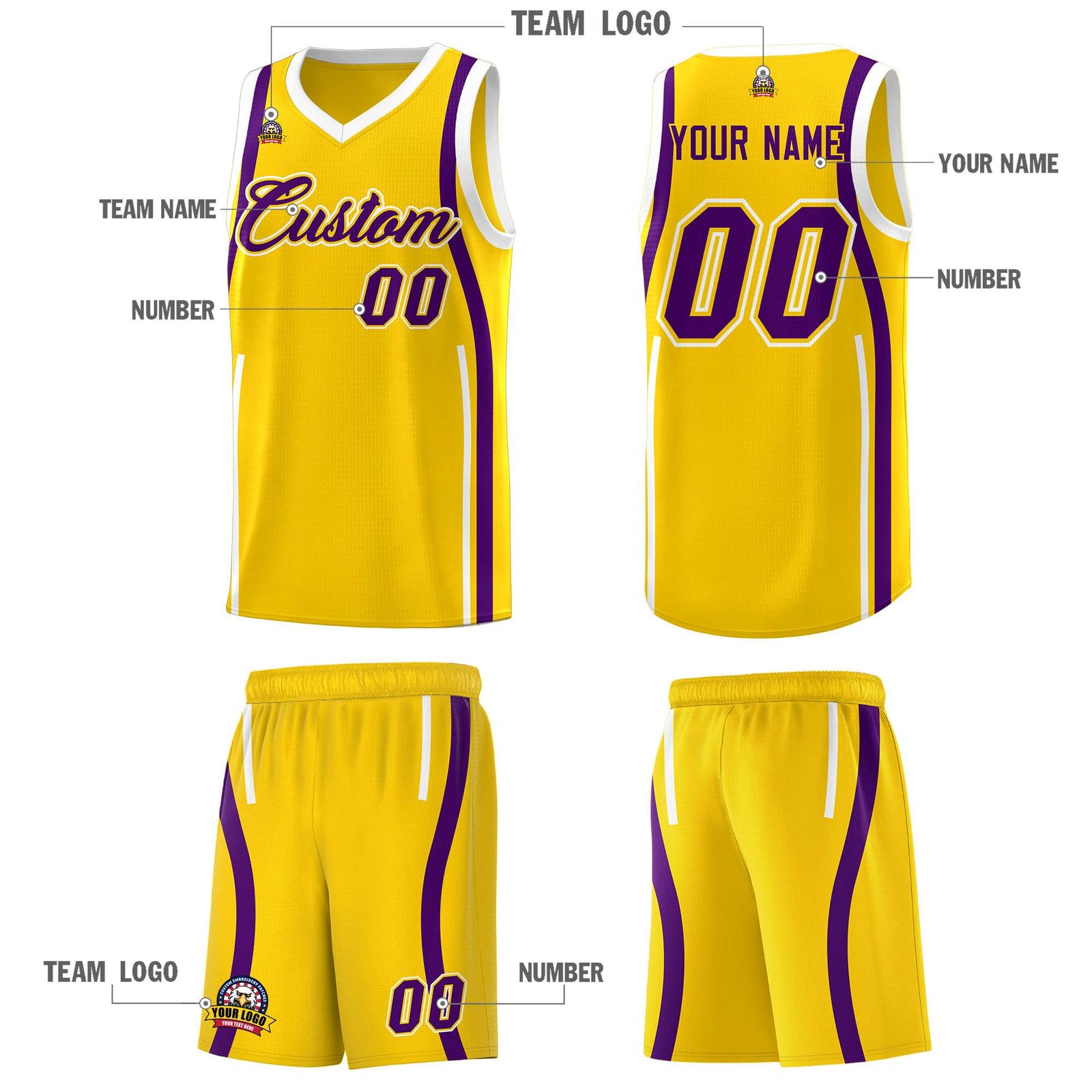 Custom Gold Purple-White Ribbon Pattern Basketball Kits