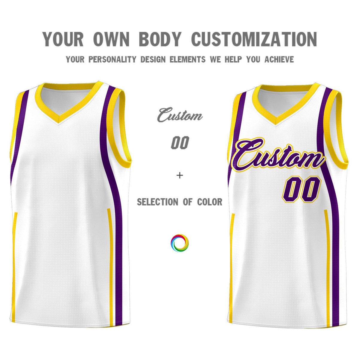 Custom White Purple-Gold Ribbon Pattern Basketball Kits