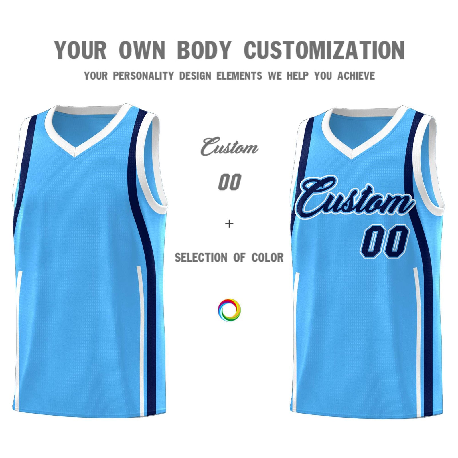 Custom Powder Blue Navy-White Ribbon Pattern Basketball Kits