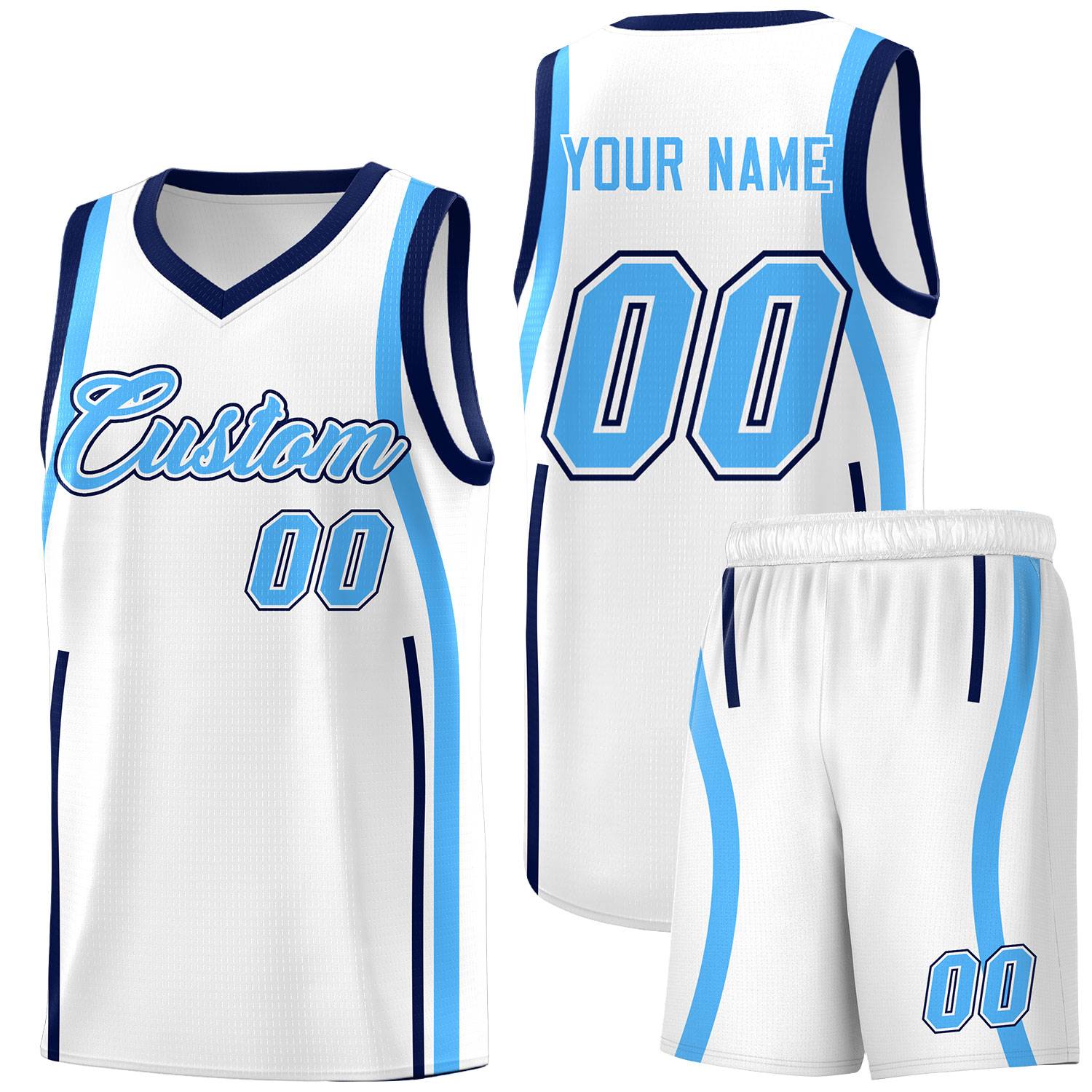 Custom White Powder Blue-Navy Ribbon Pattern Basketball Kits