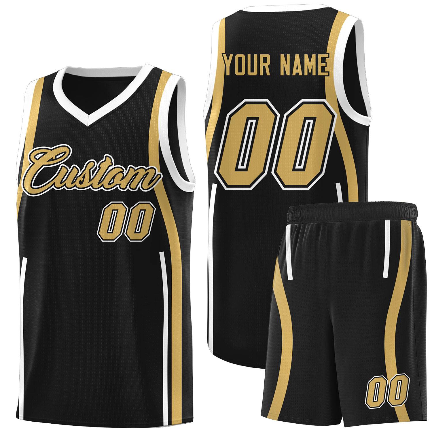 Custom Black Old Gold-White Ribbon Pattern Basketball Kits
