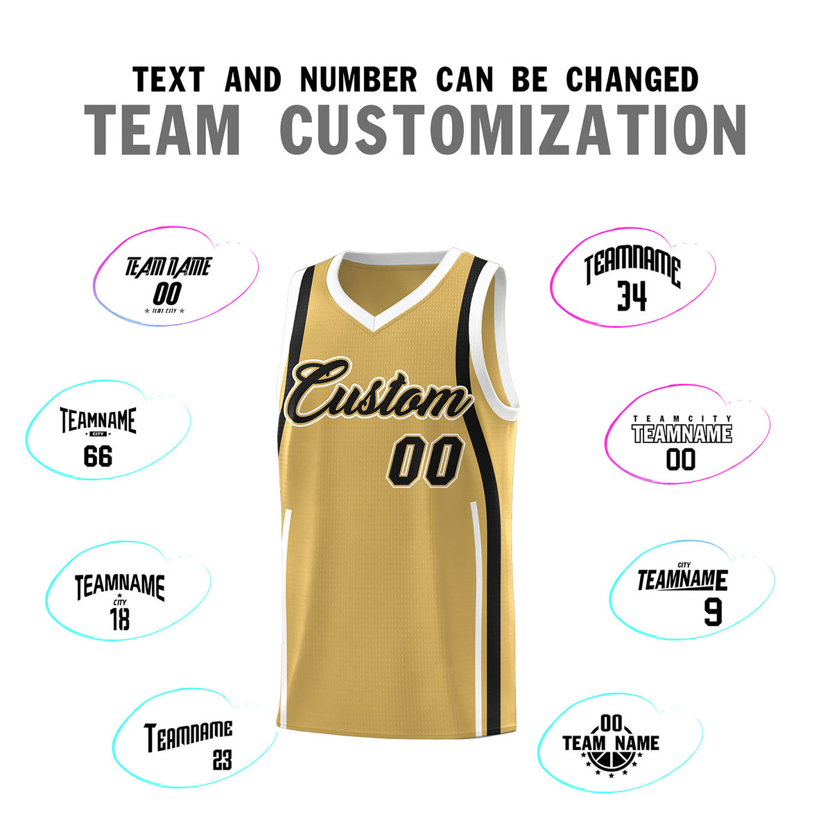 Custom Old Gold Black-White Ribbon Pattern Basketball Kits