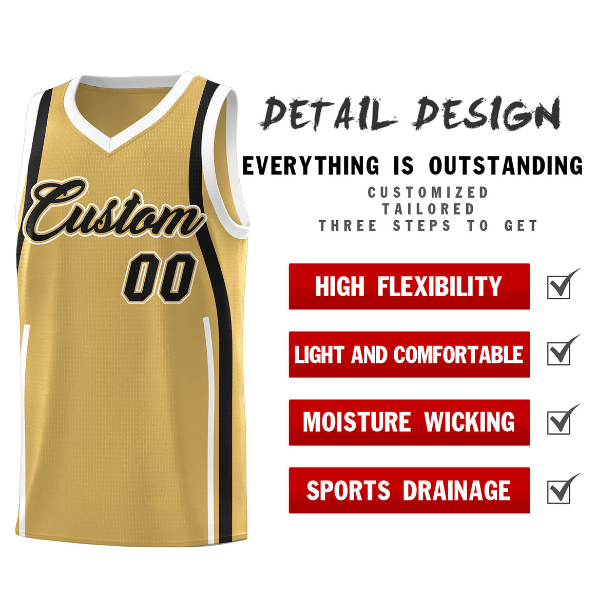 Custom Old Gold Black-White Ribbon Pattern Basketball Kits