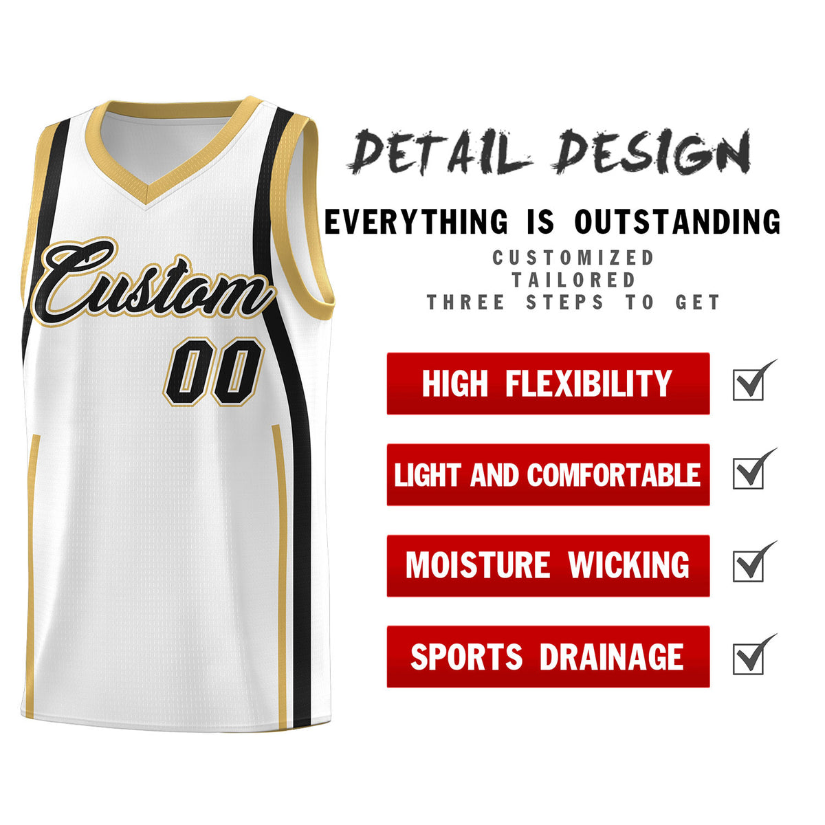 Custom White Black-White Ribbon Pattern Basketball Kits