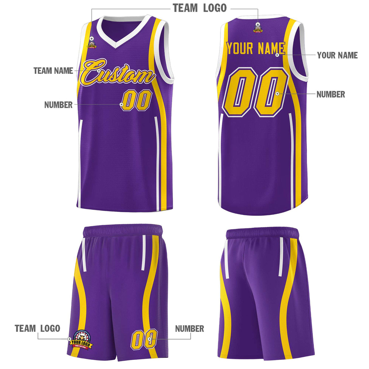 Custom Purple Gold-White Ribbon Pattern Basketball Kits