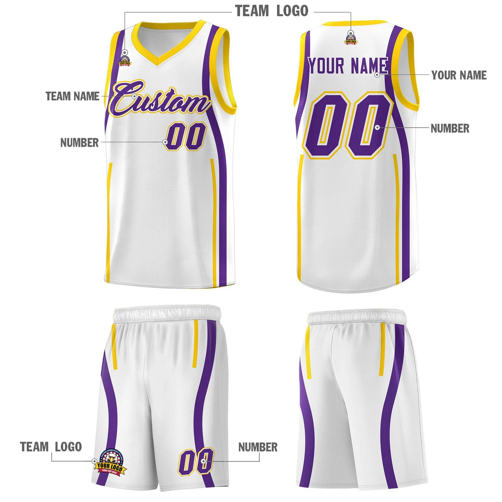 Custom White Gold-Purple Ribbon Pattern Basketball Kits