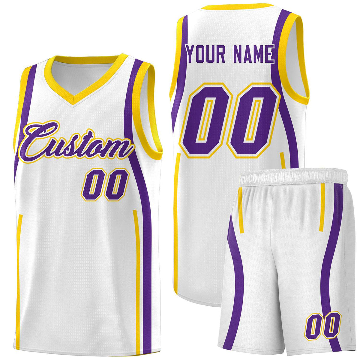 Custom White Gold-Purple Ribbon Pattern Basketball Kits