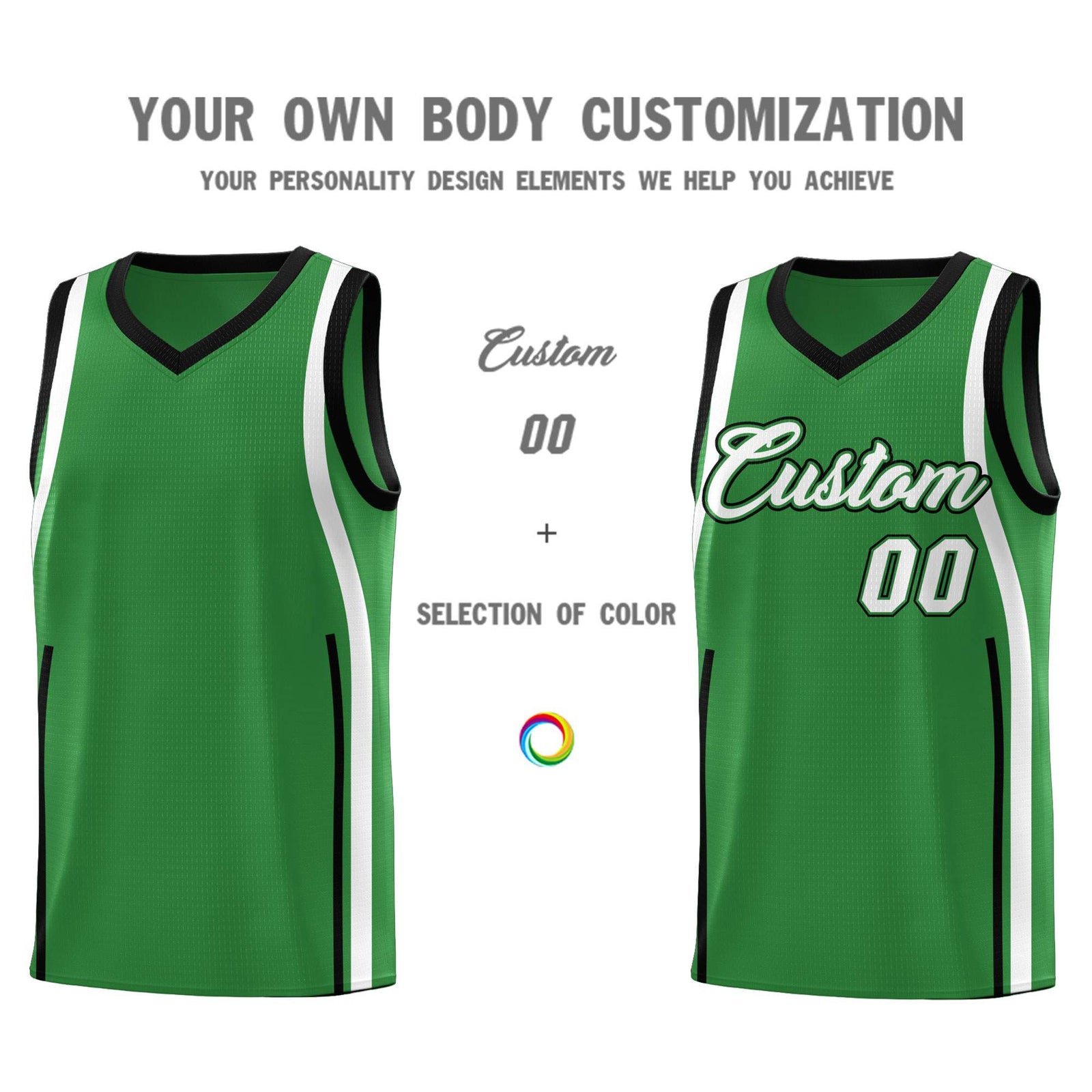 Custom Kelly Green Black-White Ribbon Pattern Basketball Kits