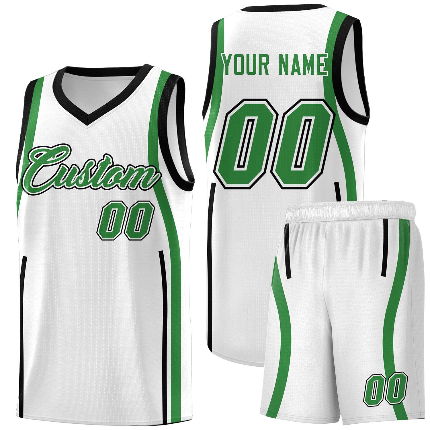Custom White Kelly Green-White Ribbon Pattern Basketball Kits