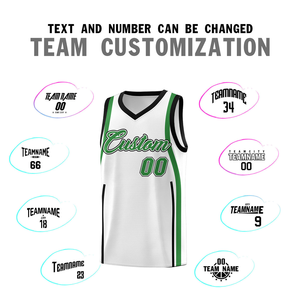 Custom White Kelly Green-White Ribbon Pattern Basketball Kits